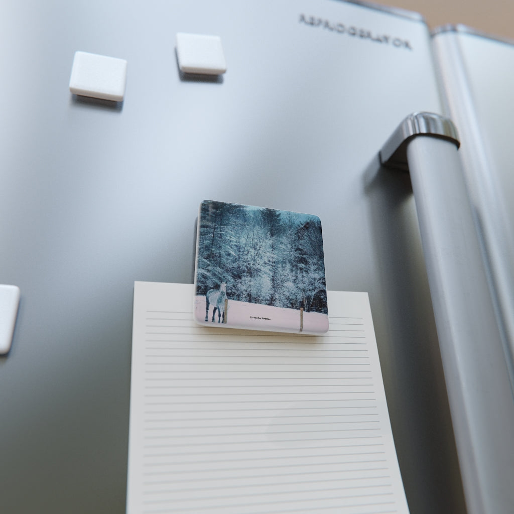 Porcelain Magnet, Square, Horse in field during a New Hampshire snowstorm