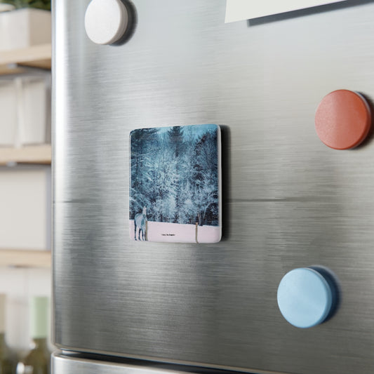 Porcelain Magnet, Square, Horse in field during a New Hampshire snowstorm