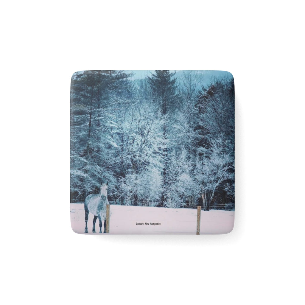 Porcelain Magnet, Square, Horse in field during a New Hampshire snowstorm